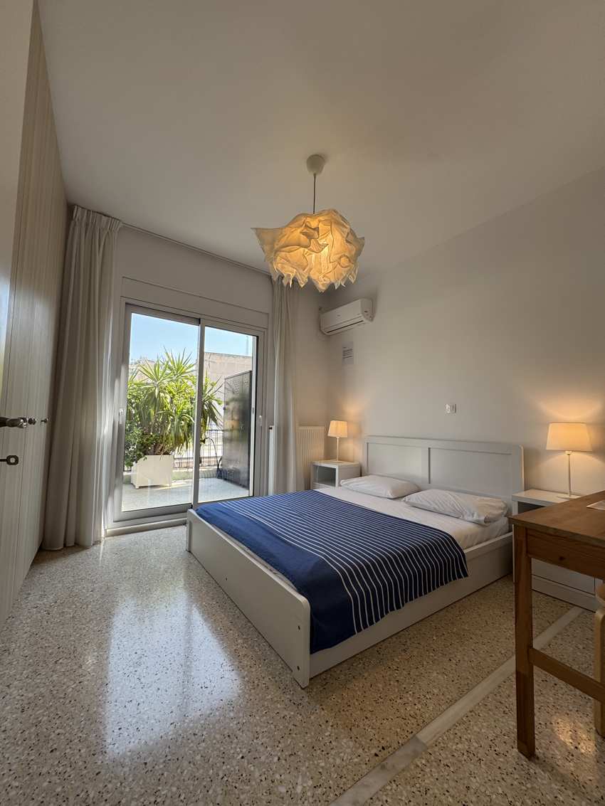 Main bedroom with queen bed and balcony access, Monastiraki, Athens