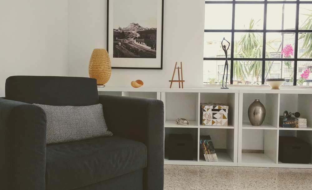 Reading corner with shelving and artwork, Monastiraki, Athens